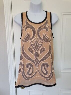 Anthropologie Dolan Embroidered Tank Top Tan Mauve Gray Boho Flowy Size XS